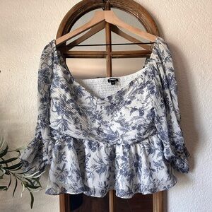 Express Blue & White Cropped Floral Peplum Blouse – XL